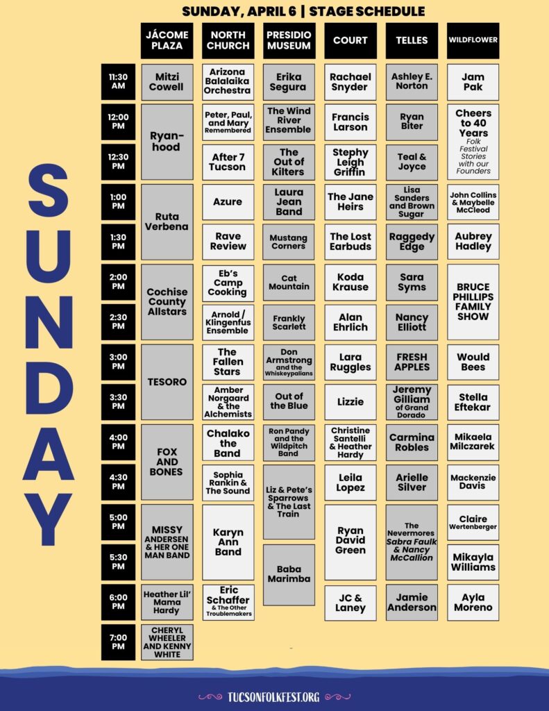 2025 Tucson Folk Festival Stage Schedule - Sunday